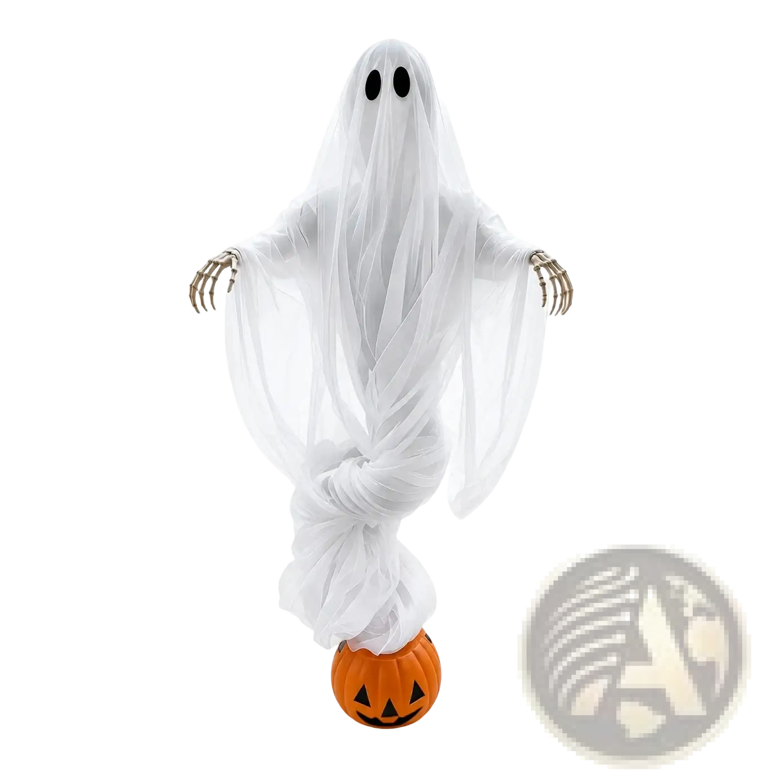 Halloween pumpkin ghost light outdoor yard decoration featuring a translucent white ghost with skeletal hands on an orange pumpkin base