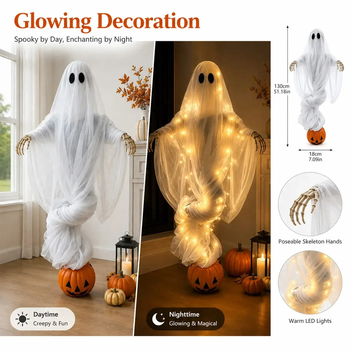 A translucent white Halloween pumpkin ghost light with poseable skeleton hands and warm LED lights for outdoor yard decoration