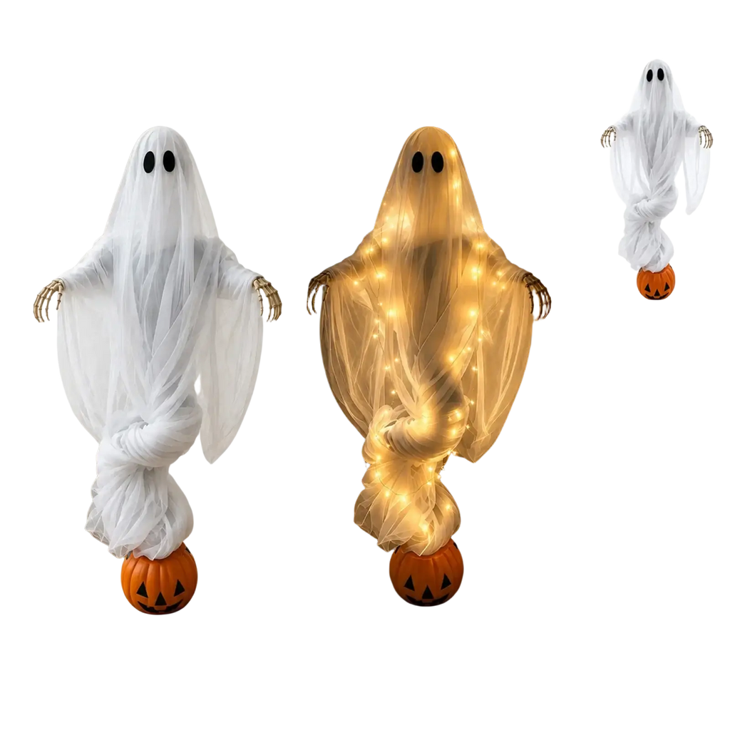 A translucent white Halloween pumpkin ghost light with poseable skeleton hands and warm LED lights for outdoor yard decoration