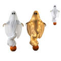 A translucent white Halloween pumpkin ghost light with poseable skeleton hands and warm LED lights for outdoor yard decoration