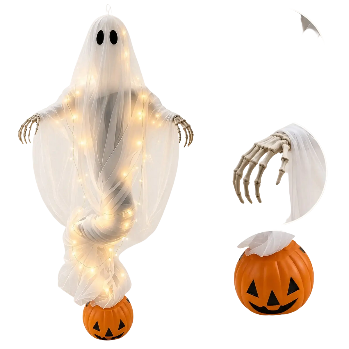 Halloween pumpkin ghost light outdoor yard decoration with translucent white ghost, glowing string lights, and skeletal hands