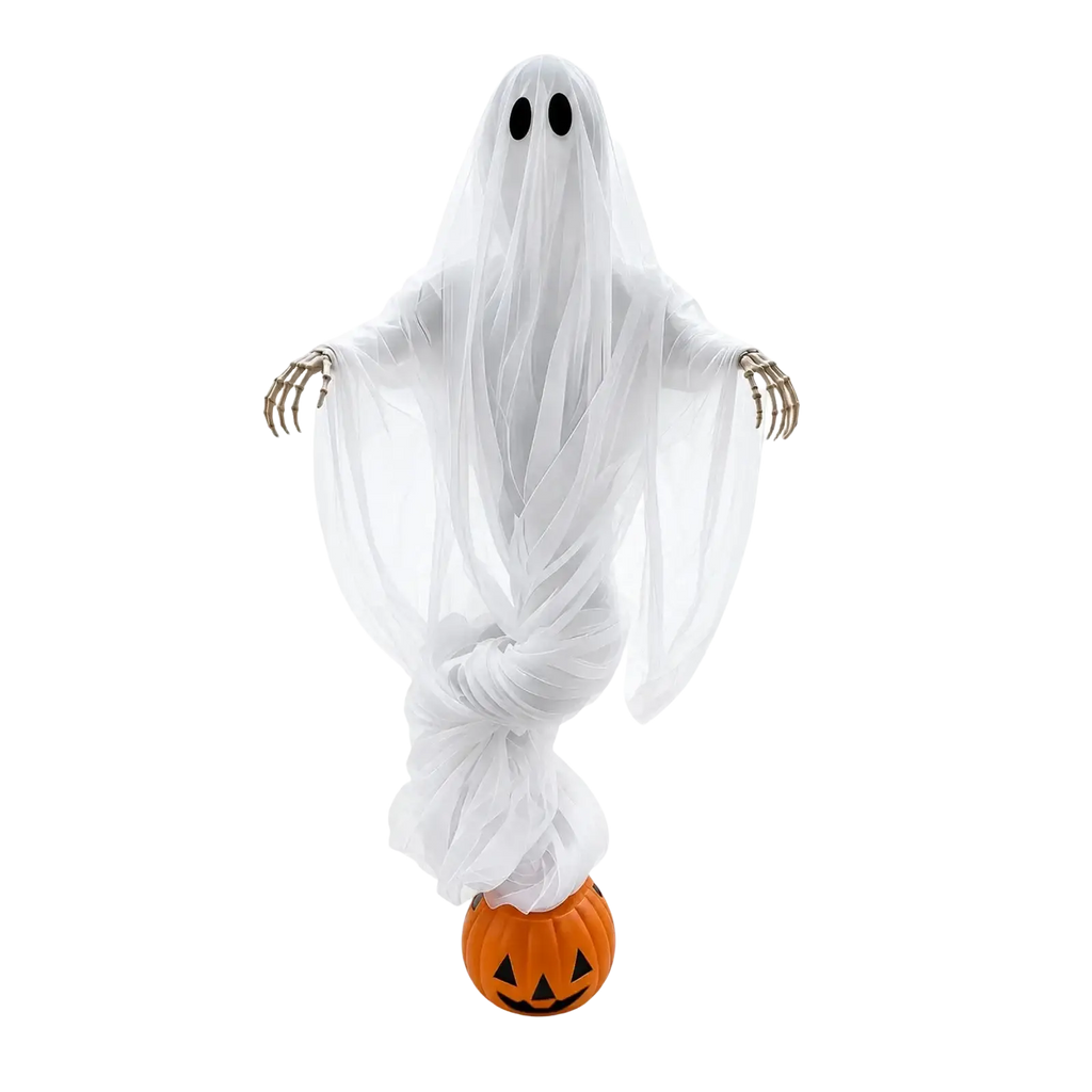 Halloween pumpkin ghost light outdoor yard decoration featuring a translucent white ghost with skeletal hands on an orange pumpkin base
