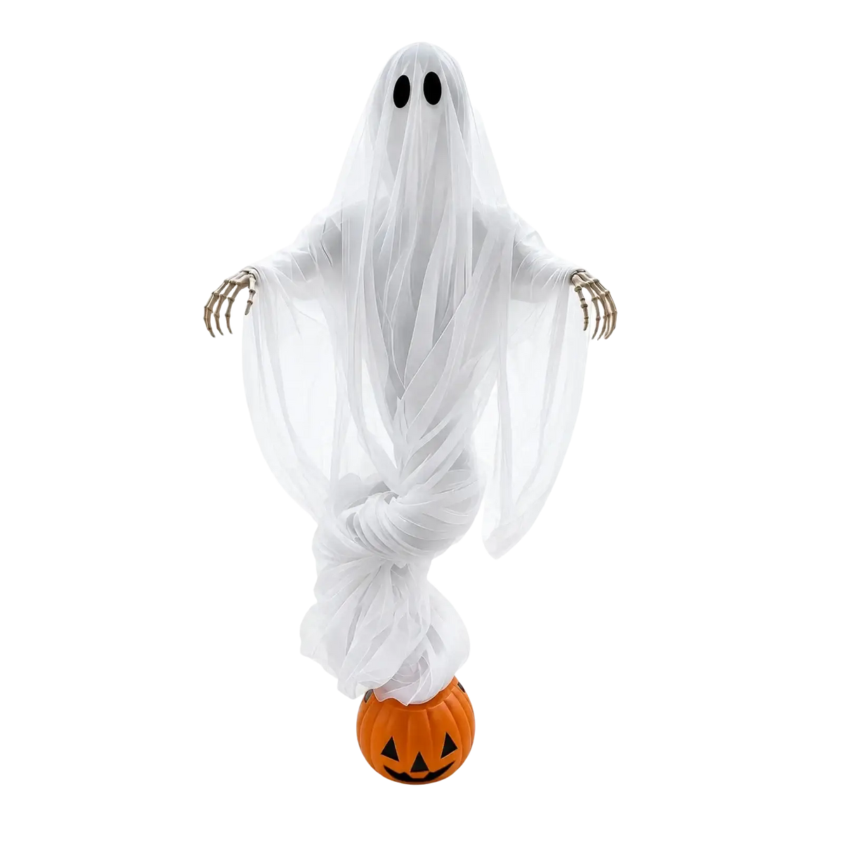 Halloween pumpkin ghost light outdoor yard decoration featuring a translucent white ghost with skeletal hands on an orange pumpkin base