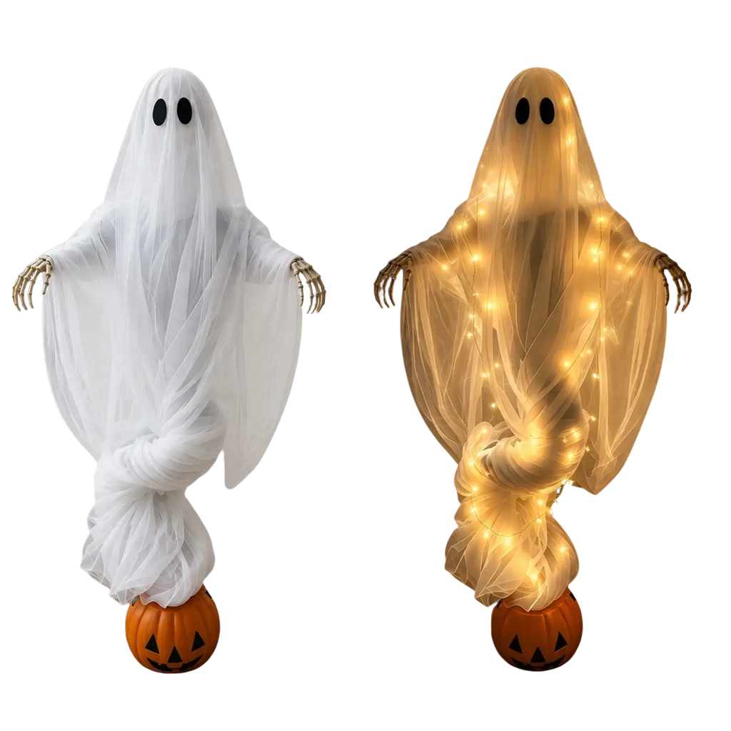 White translucent ghost light with black eye holes and skeletal hands on carved pumpkin base for outdoor yard decoration