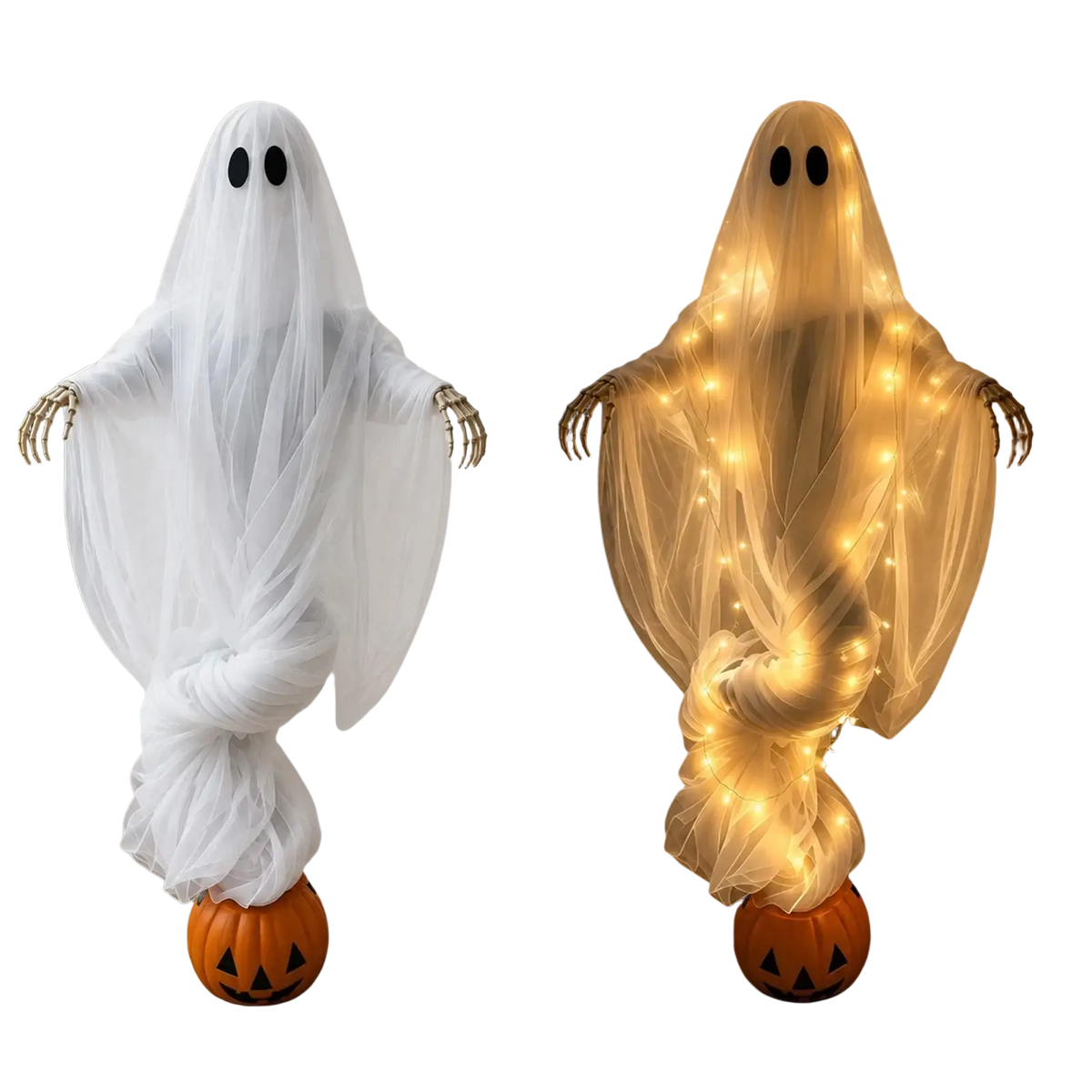 White translucent ghost light with black eye holes and skeletal hands on carved pumpkin base for outdoor yard decoration