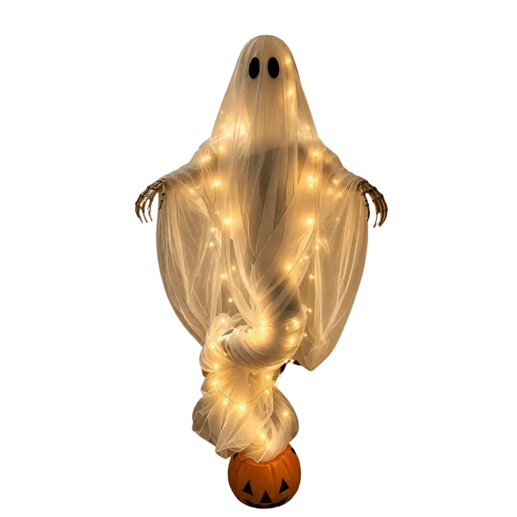 A glowing white ghost yard decoration with black eyes and string lights standing on a carved orange pumpkin for halloween
