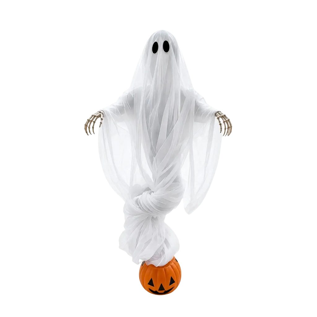 Halloween pumpkin ghost light featuring a white translucent figurine with black eyes and skeletal hands on orange base