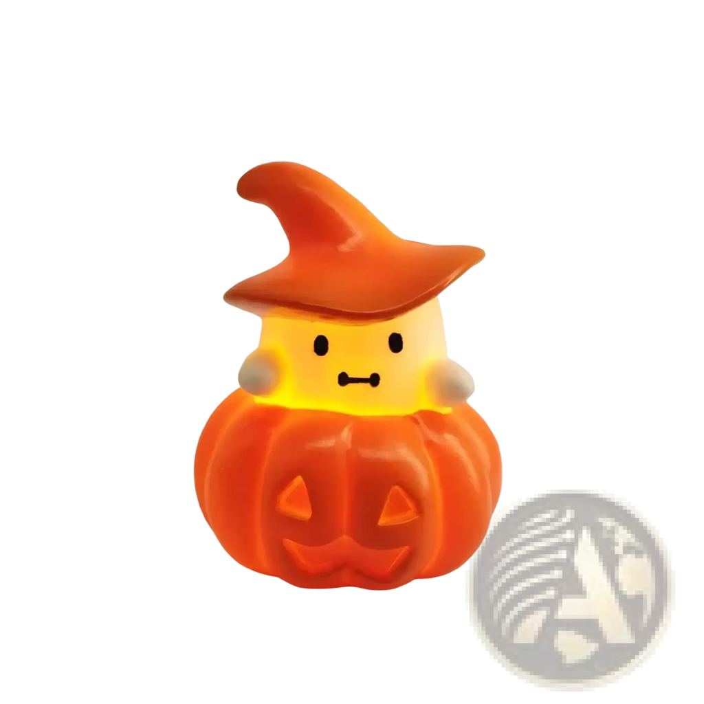 Orange halloween-themed led nightlight with a smiling witch figure in a carved pumpkin base for festive decor