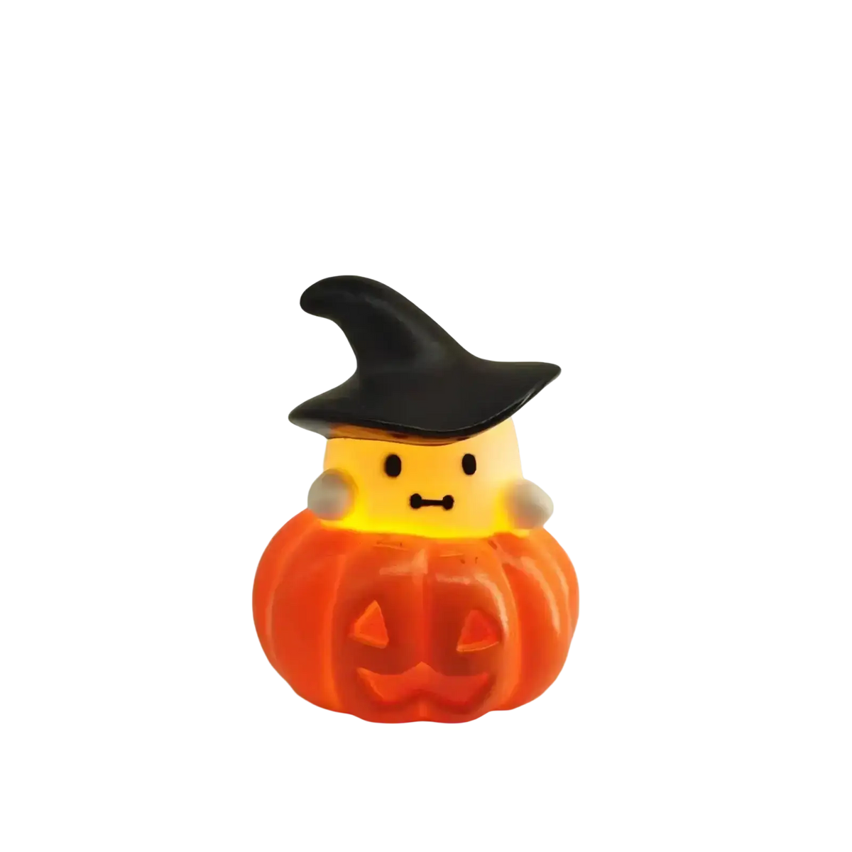 A glowing orange halloween pumpkin ghost night light with a black witch hat and cute yellow face ornament