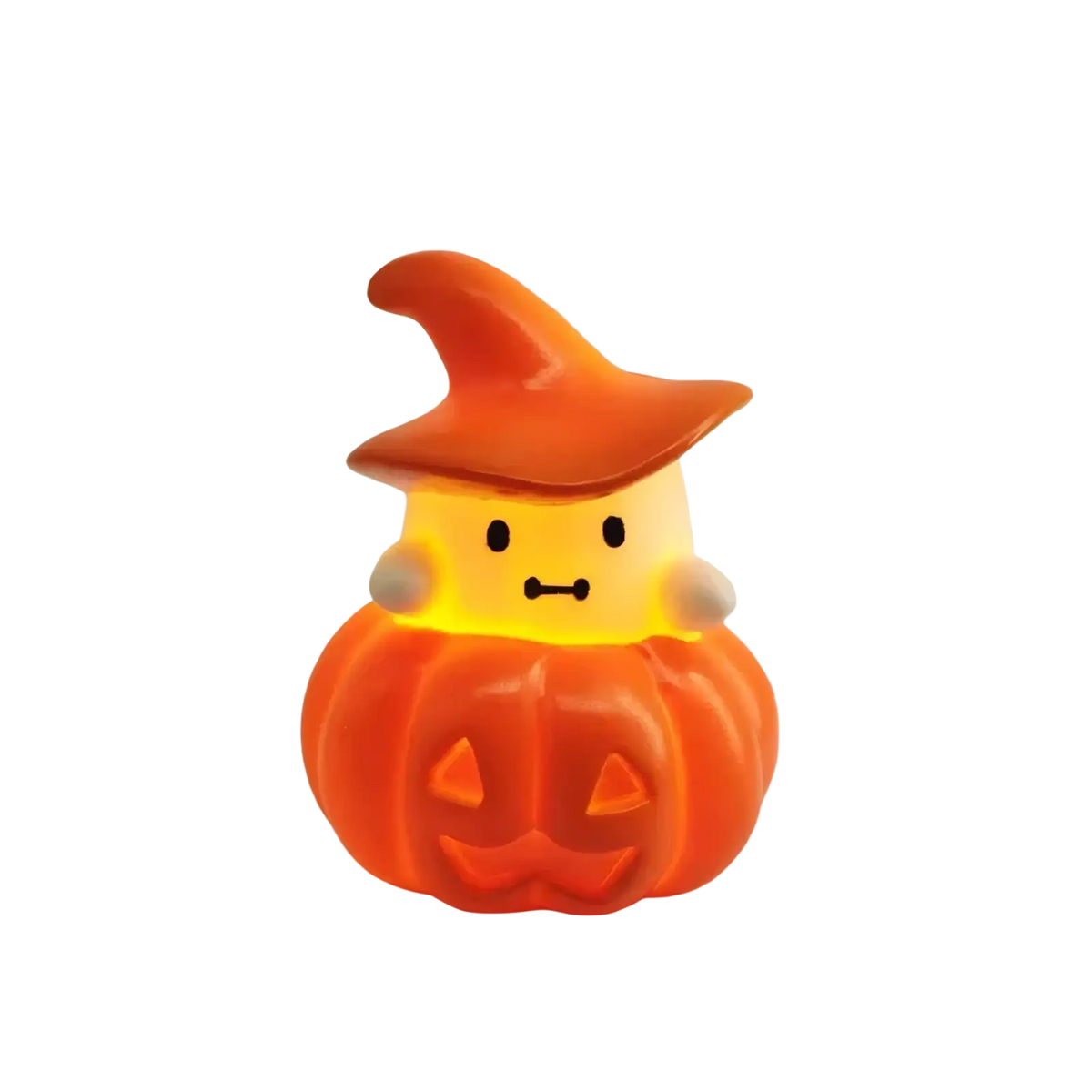 Orange halloween-themed led nightlight with a smiling witch figure in a carved pumpkin base for festive decor