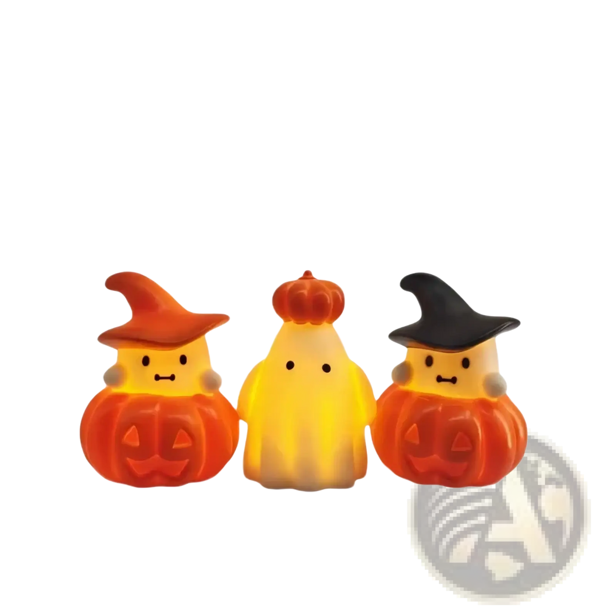 Halloween pumpkin ghost night light ornament featuring three illuminated resin figurines with glowing orange and yellow hues