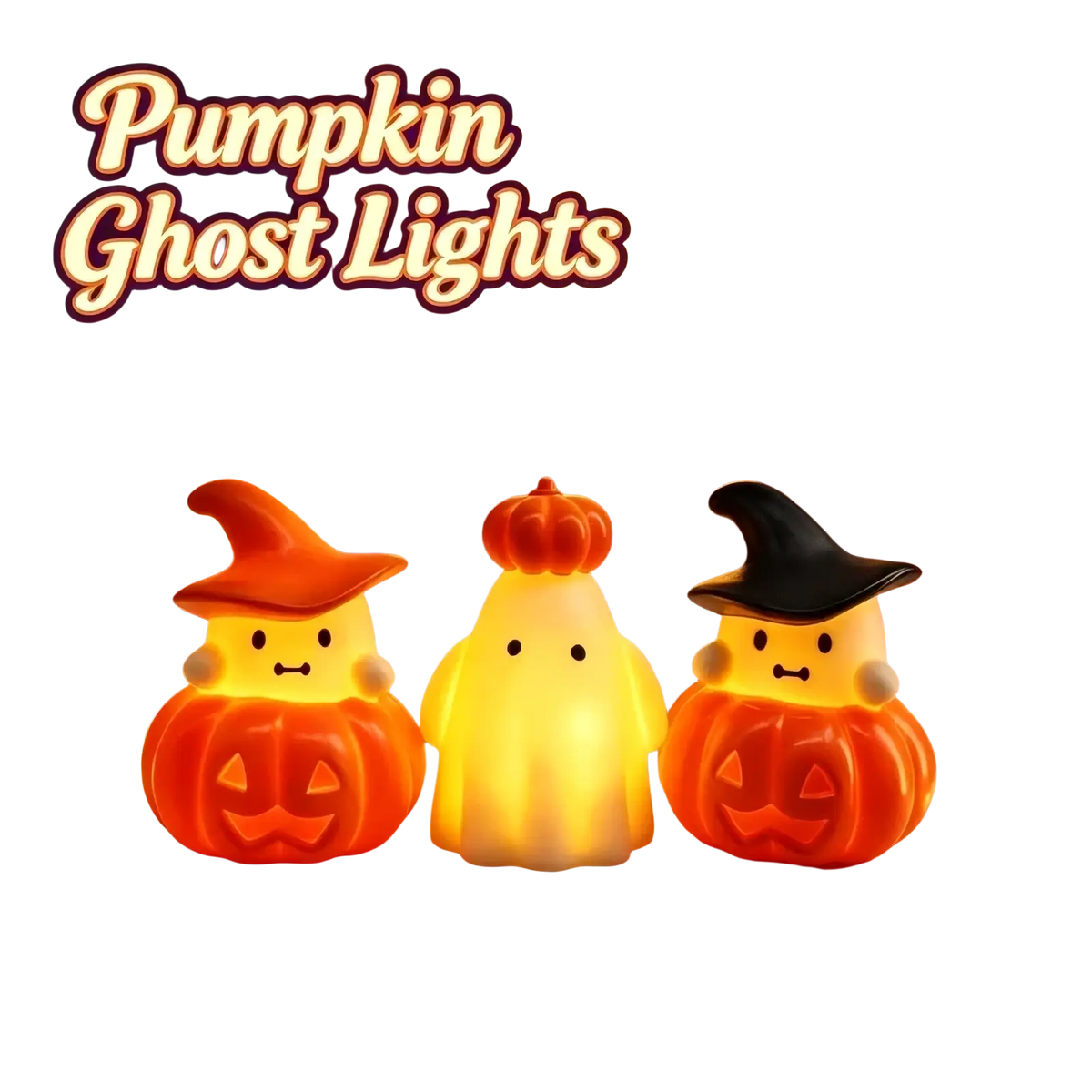 Halloween pumpkin ghost night light ornaments with glowing orange and yellow translucent plastic bodies and carved faces