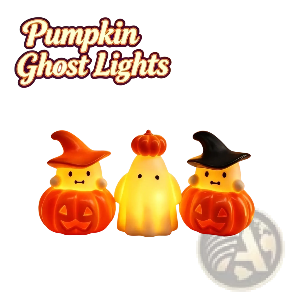 Halloween pumpkin ghost night light ornaments with glowing orange and yellow translucent plastic bodies and carved faces