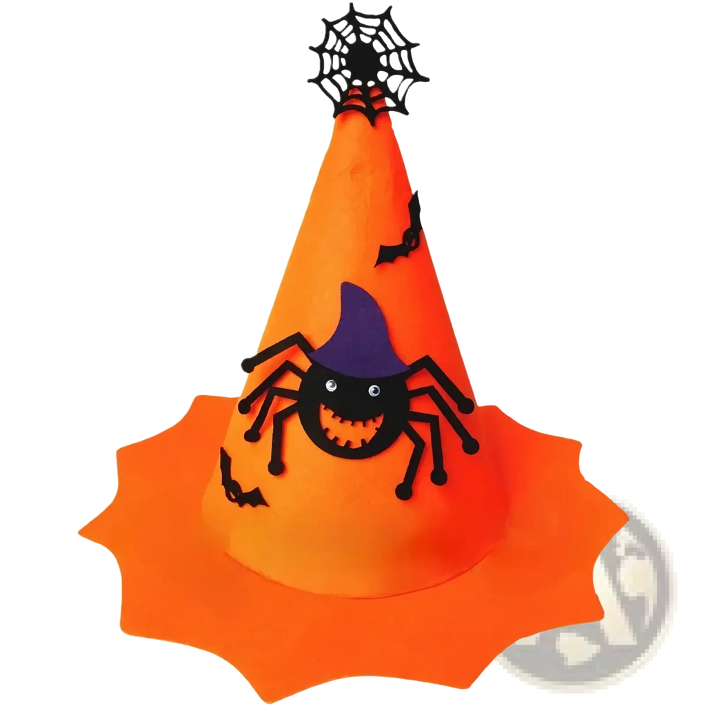 Orange halloween pumpkin hat for kids featuring a black spider with googly eyes and purple witch hat accent