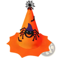 Orange halloween pumpkin hat for kids featuring a black spider with googly eyes and purple witch hat accent