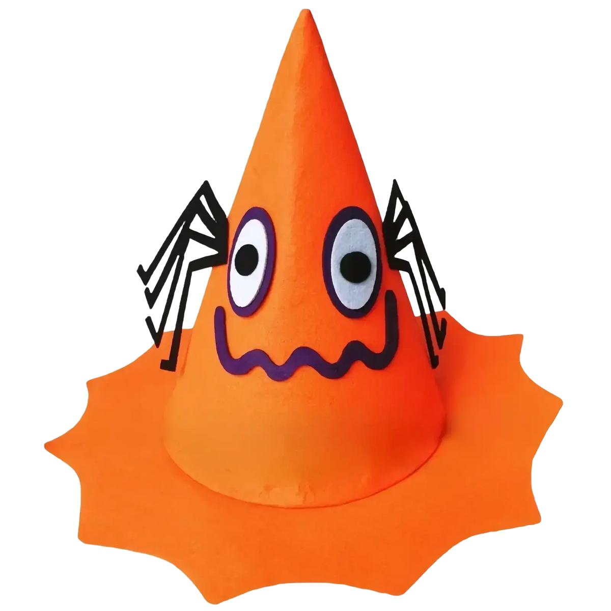 Bright orange halloween pumpkin hat for kids with googly eyes and black spider decorations costume accessory