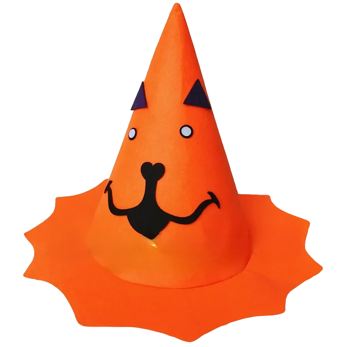 Bright orange halloween pumpkin hat for kids featuring a playful dog face with black ears and white eyes