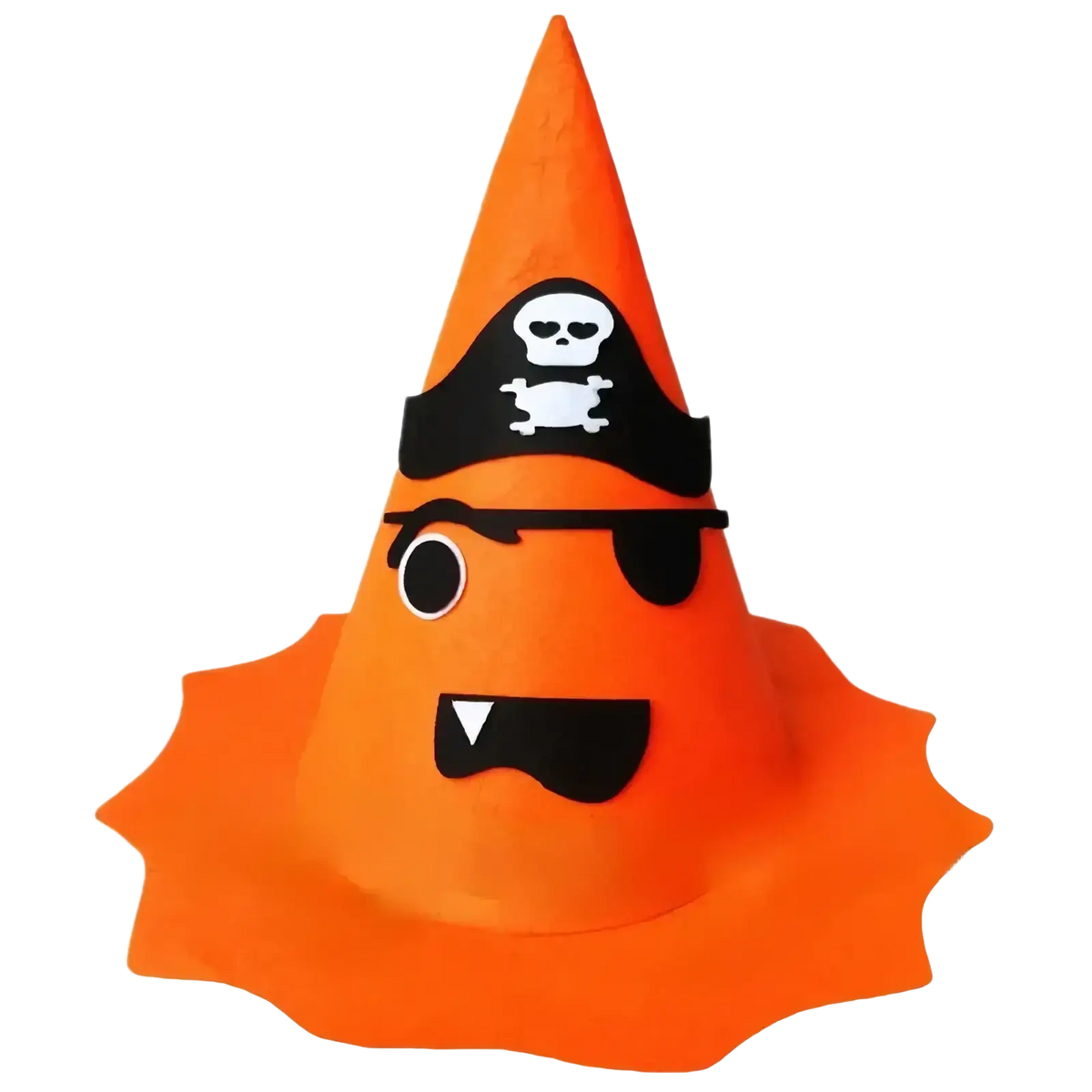 Bright orange halloween pumpkin hat traffic cone with pirate theme featuring black eye patch and skull and crossbones hat