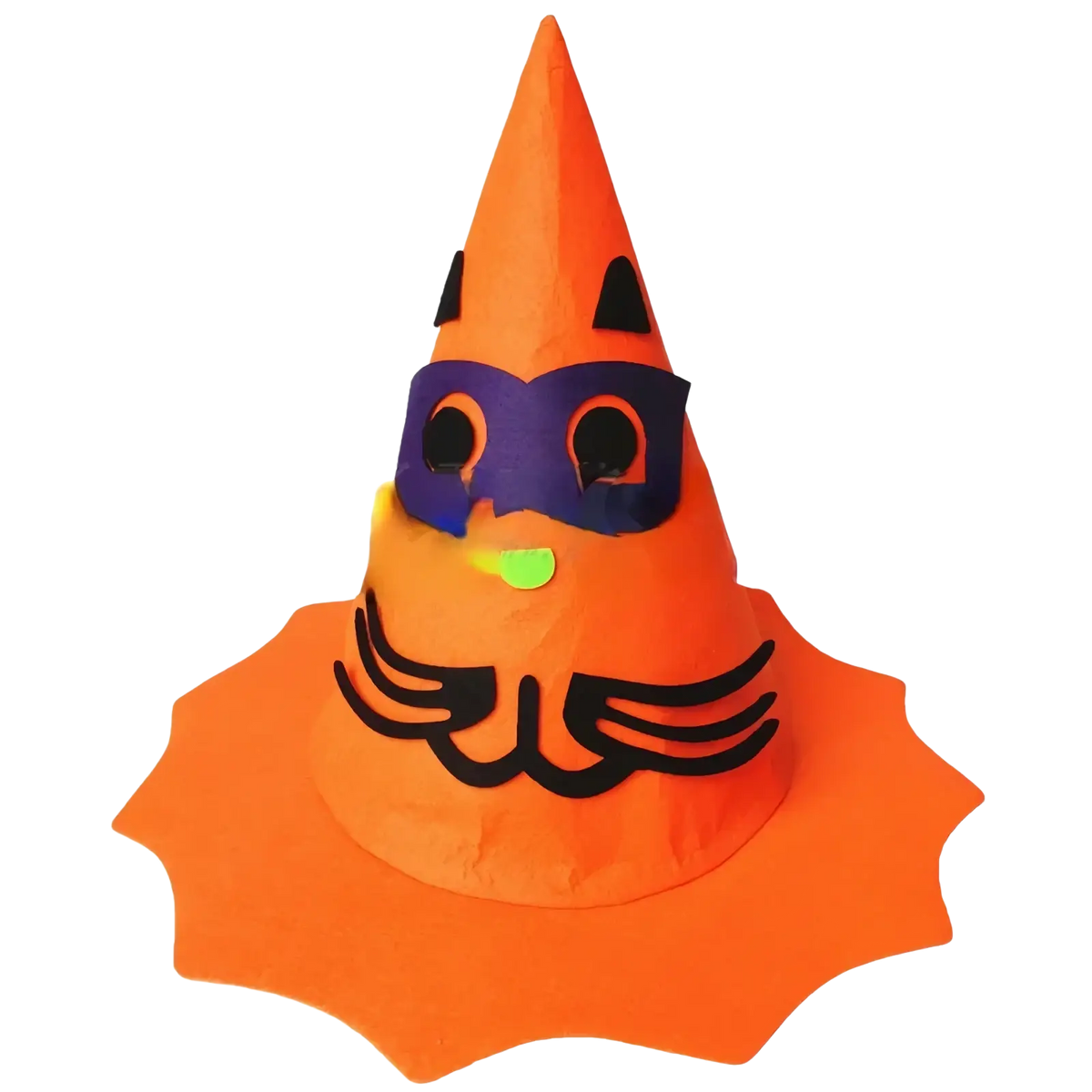 Orange halloween pumpkin cone hat with black cat face and purple mask for kids costume accessory