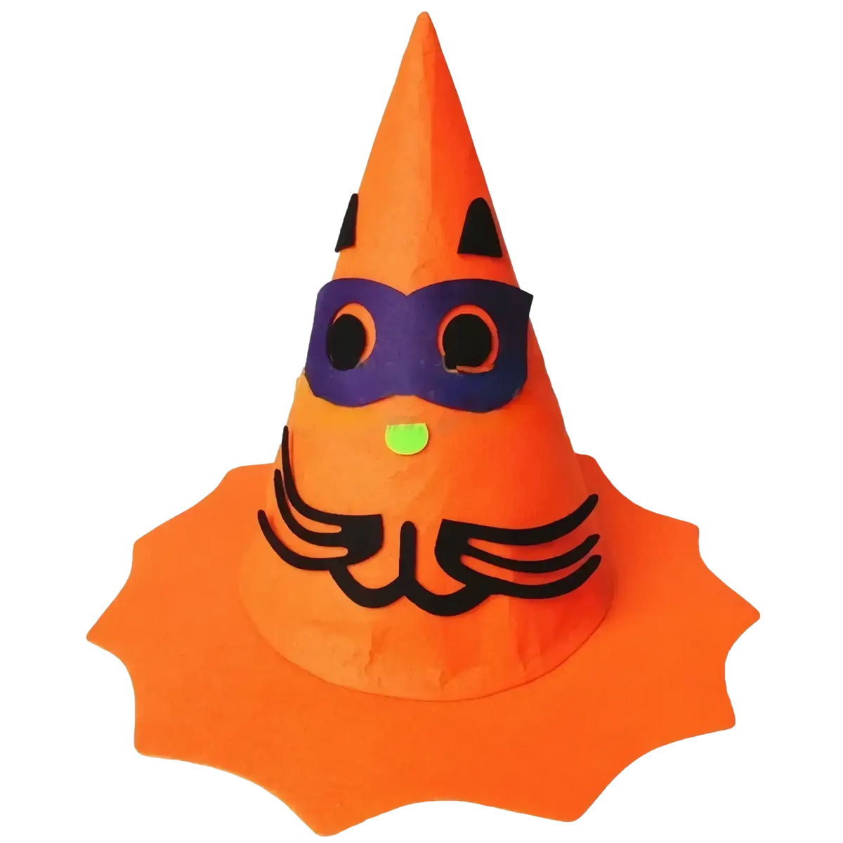 Halloween pumpkin hat for kids featuring an orange cone shape with black cat ears, purple mask, and green nose accessory