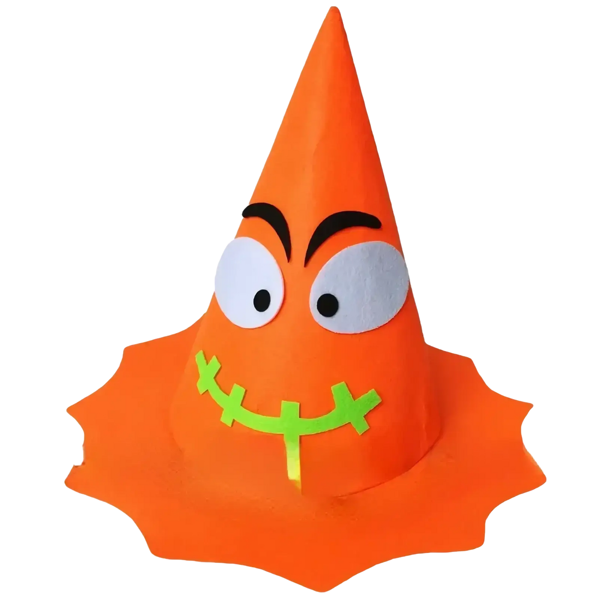 Orange halloween pumpkin hat for kids featuring googly eyes and stitched mouth costume accessory cone design