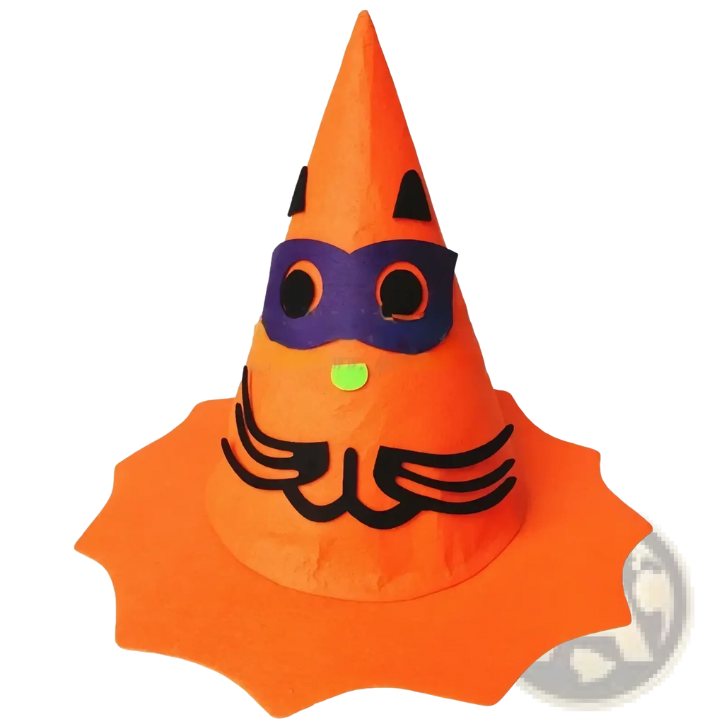 Orange conical halloween pumpkin hat with black cat facial features and a purple mask for kids costume accessory
