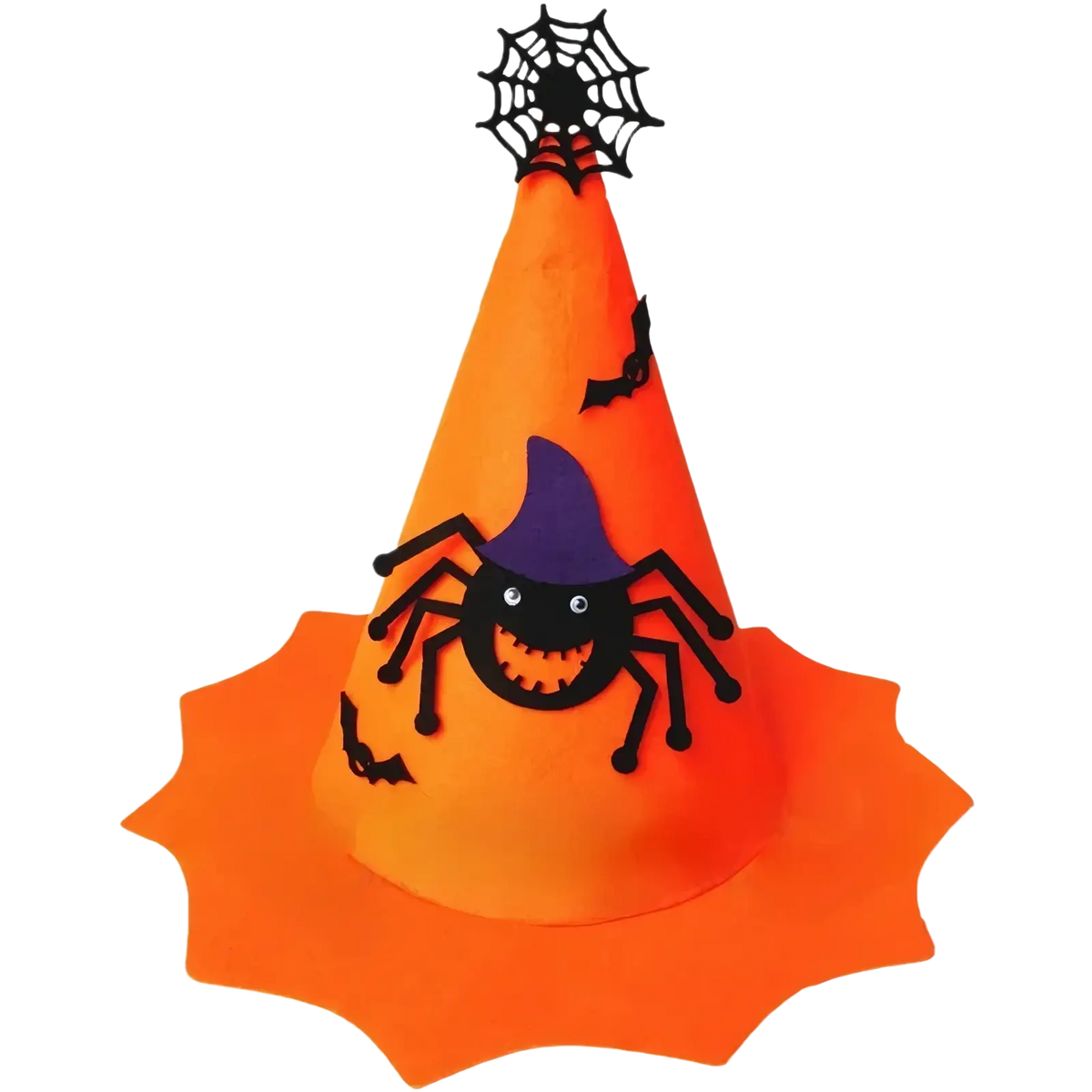 Orange halloween pumpkin hat for kids featuring a black spider with googly eyes and purple witch hat accent
