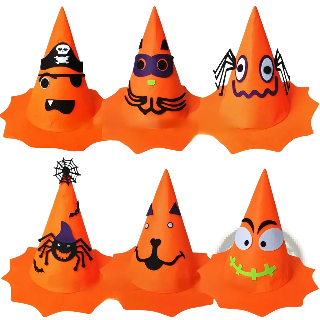 Orange halloween party hats featuring black and purple cartoon faces for kids costume accessory use