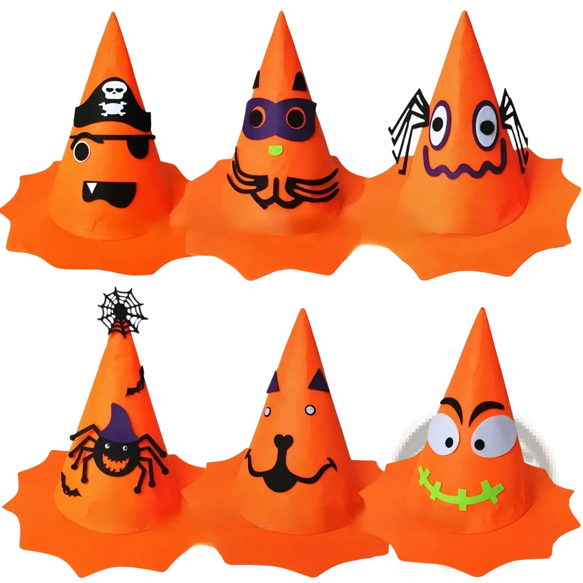 Orange halloween party hats featuring black and purple cartoon faces for kids costume accessory use