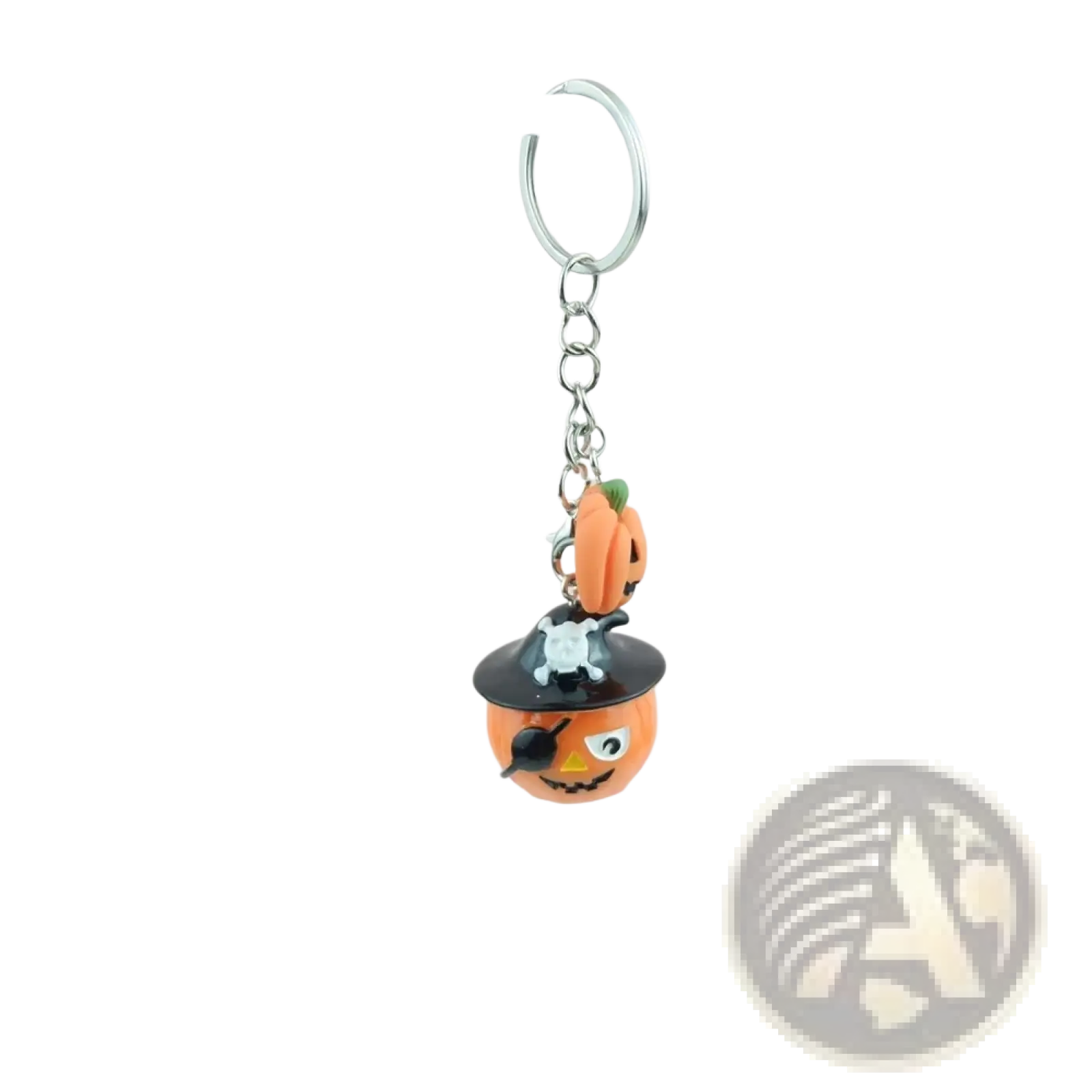 Orange pumpkin-shaped handmade resin Halloween keychain with black pirate hat and silver chain gift accessory