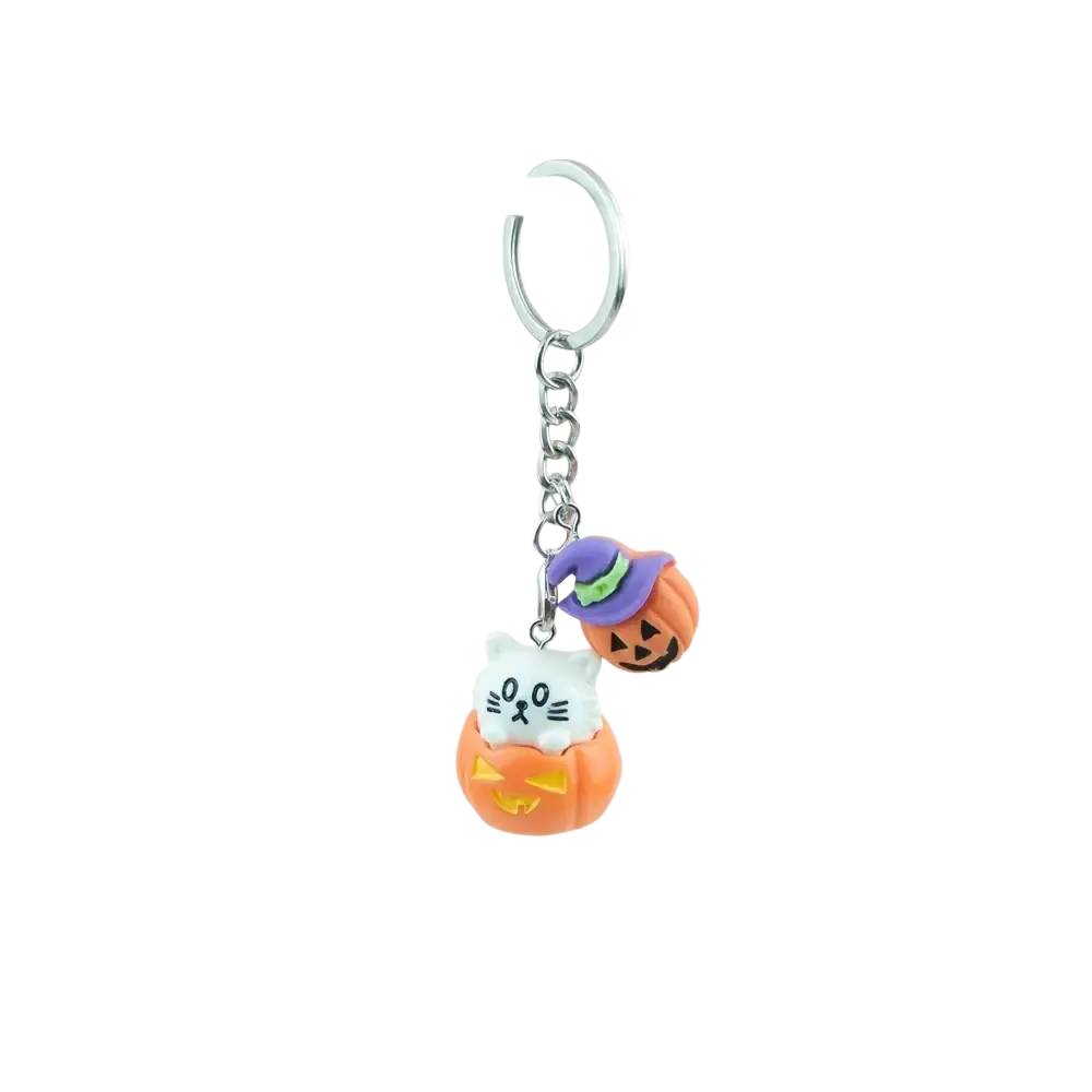 Halloween pumpkin keychain handmade resin jewelry featuring an orange pumpkin with a white cat face and purple witch hat