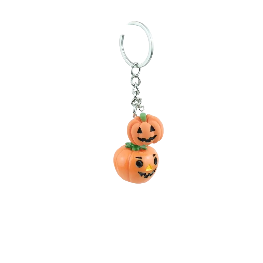 Orange handmade resin Halloween pumpkin keychain with smiling face, green stem, featuring two stacked pumpkins