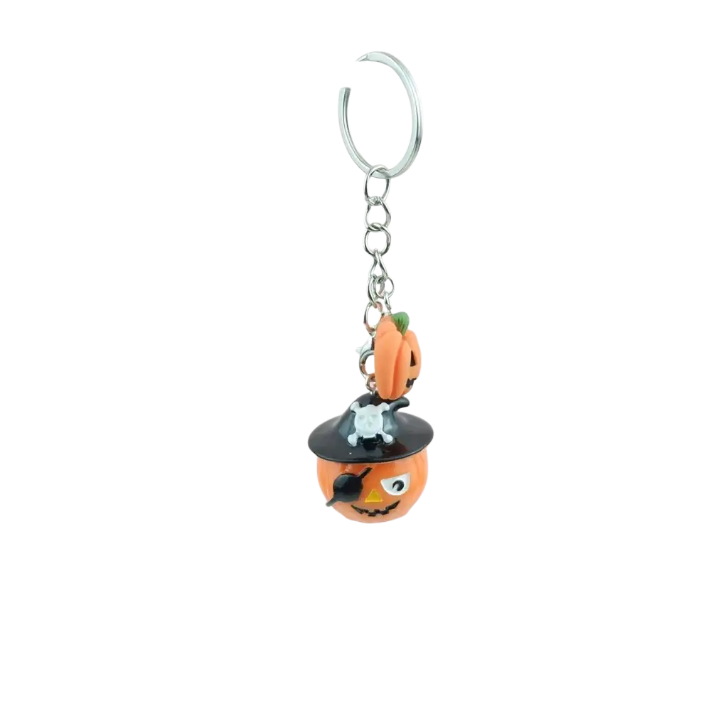 Orange pumpkin-shaped handmade resin Halloween keychain with black pirate hat and silver chain gift accessory