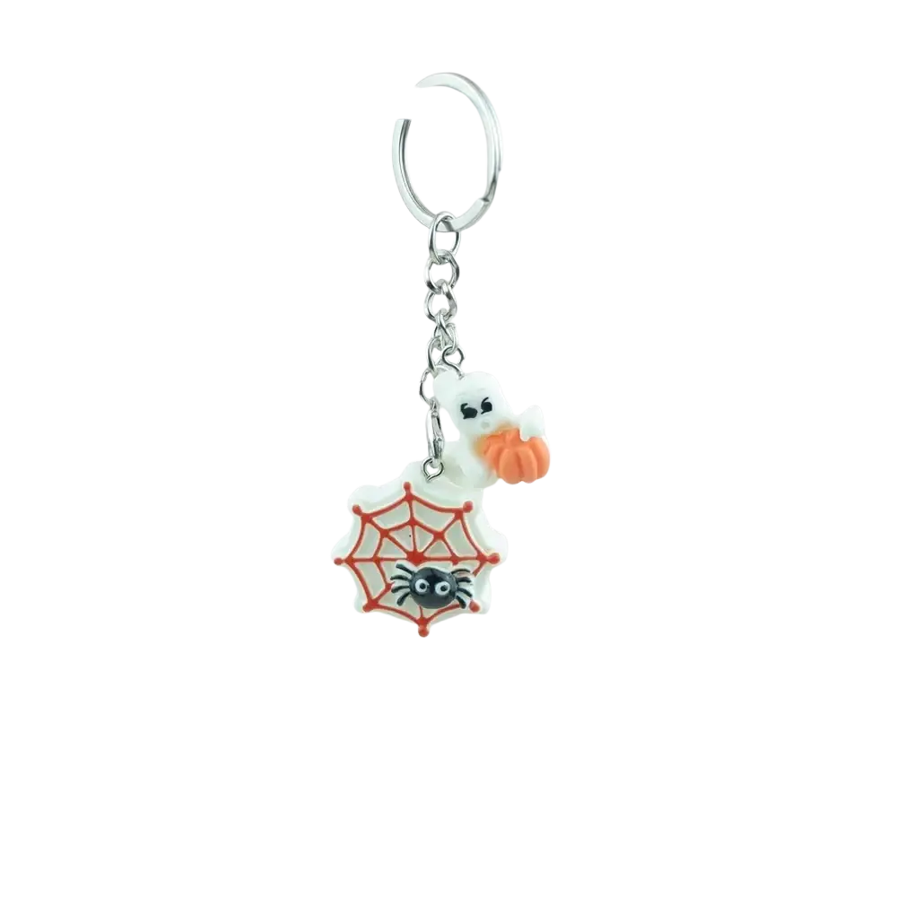 Handmade resin halloween pumpkin keychain featuring white ghost with orange pumpkin and red spiderweb design and black spider charm