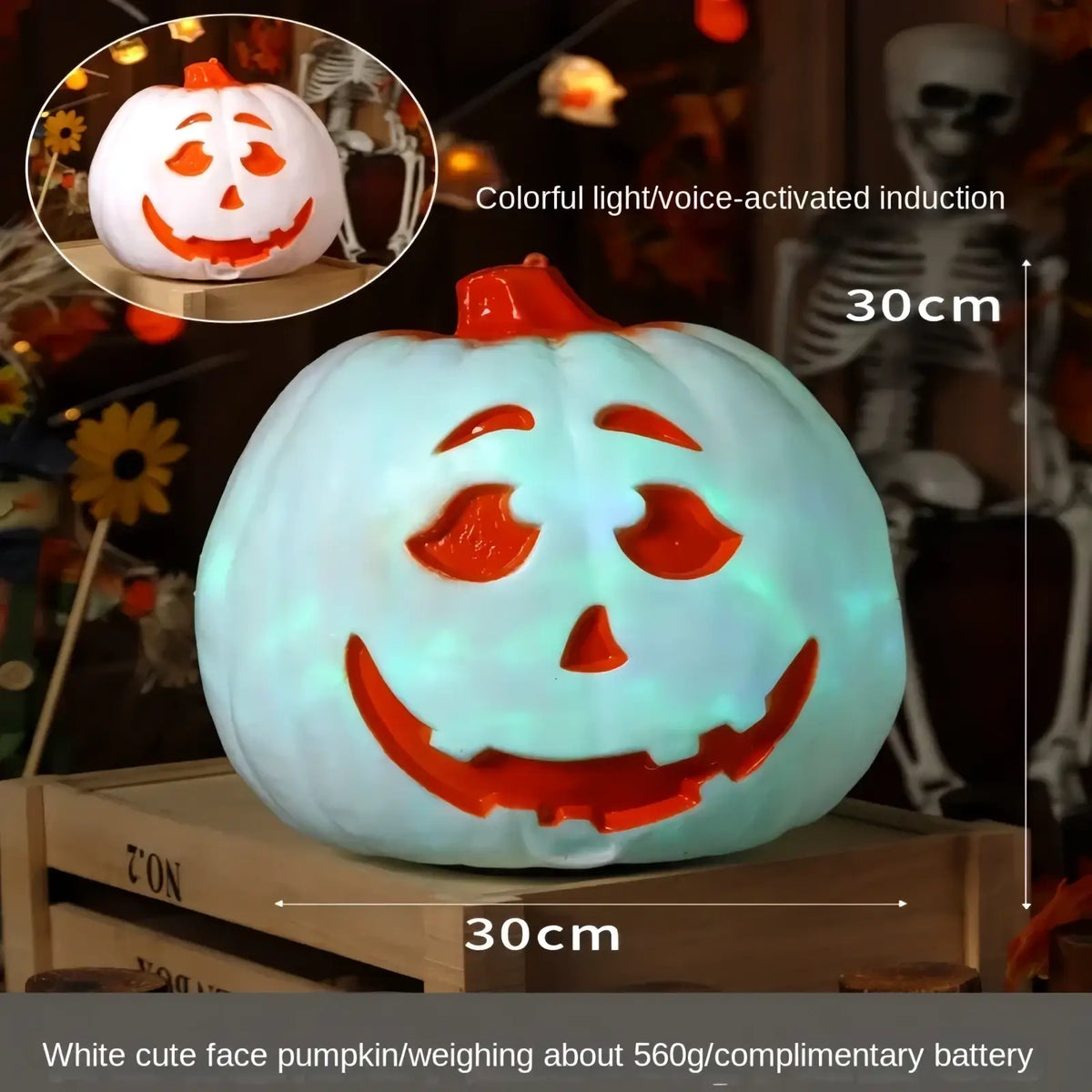 Halloween pumpkin lantern decoration 30cm white illuminated pumpkin with orange carved face and red stem for festive use
