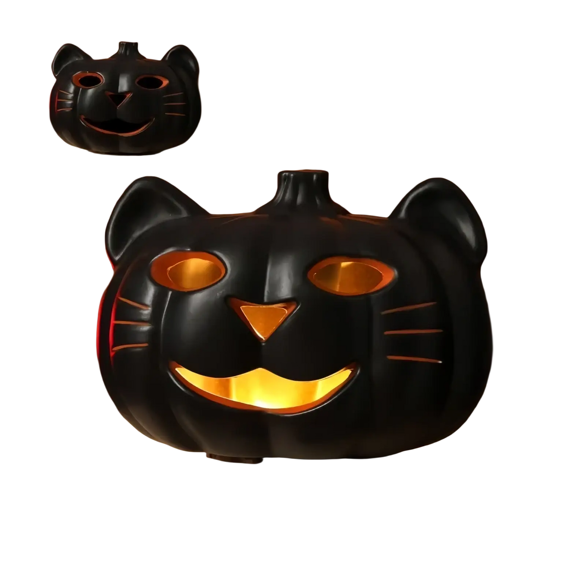 Black cat-shaped halloween pumpkin lantern decoration with glowing orange interior light and carved facial features