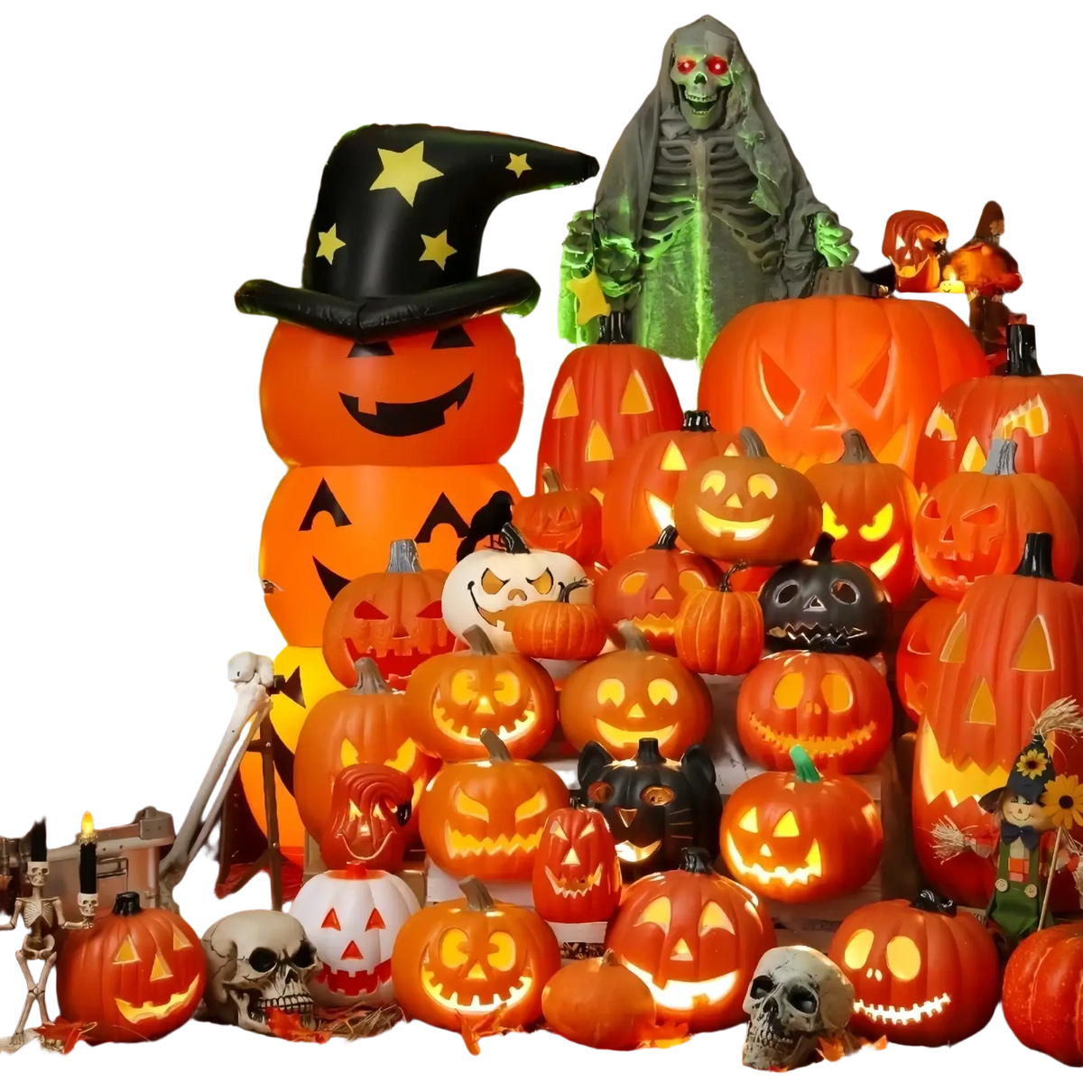 A collection of orange black and white halloween pumpkin lantern decorations with carved faces and glowing lights