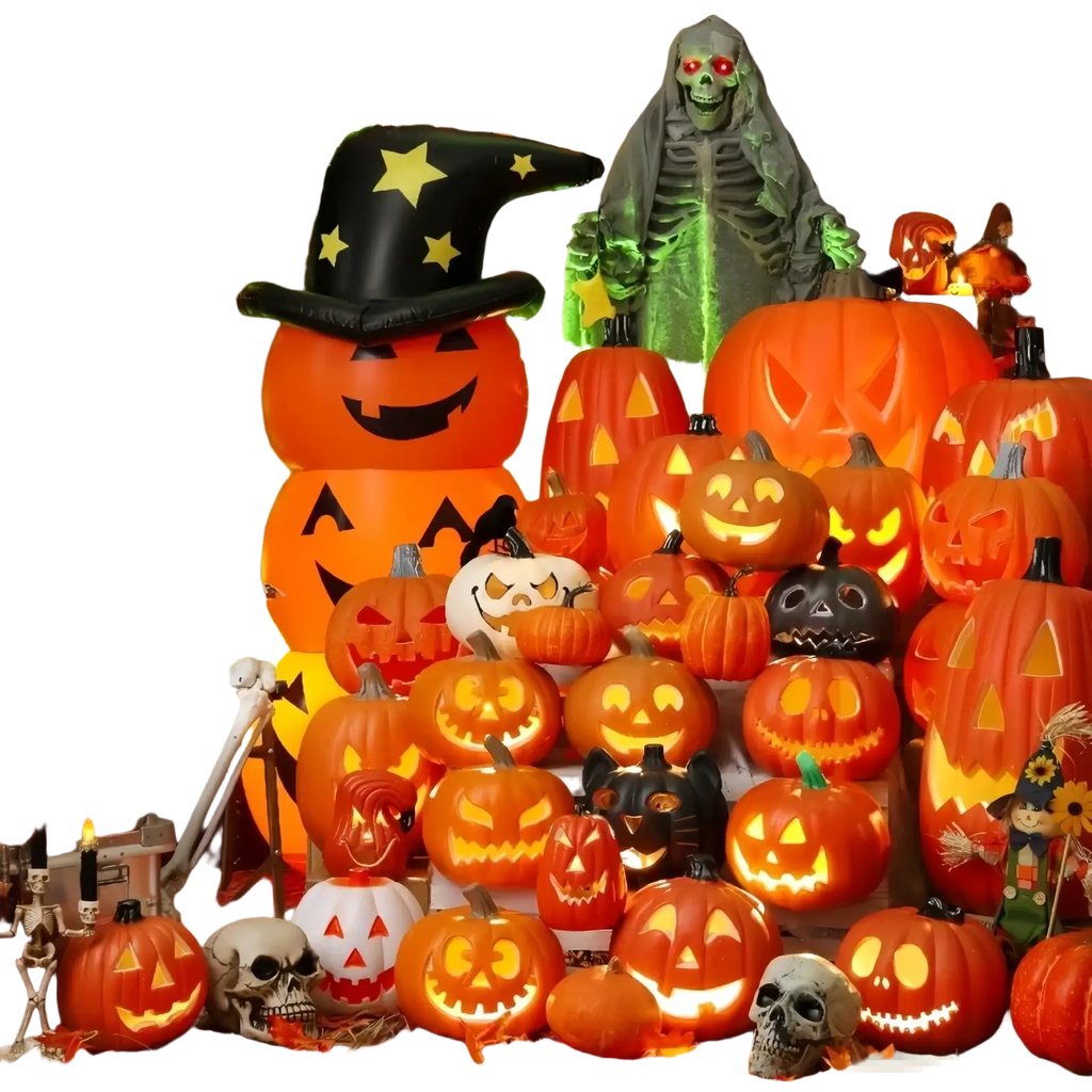 A collection of orange black and white halloween pumpkin lantern decorations with carved faces and glowing lights