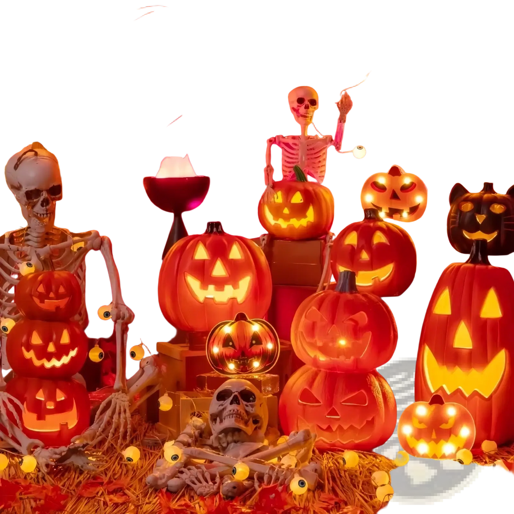 A halloween pumpkin lantern decoration featuring glowing orange jack-o-lanterns with carved faces and black stems