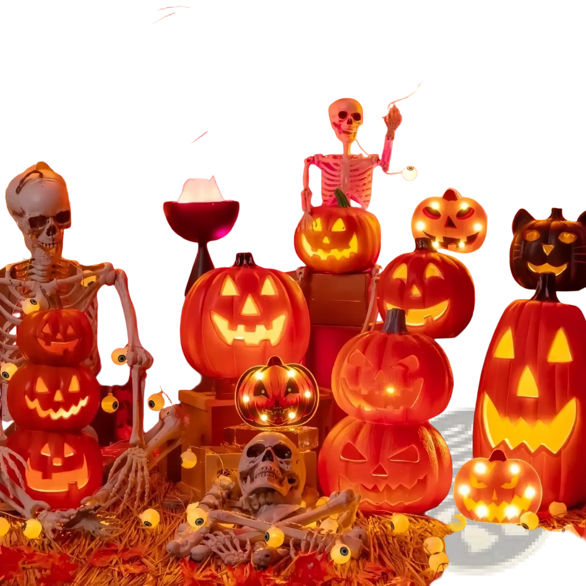 A halloween pumpkin lantern decoration featuring glowing orange jack-o-lanterns with carved faces and black stems