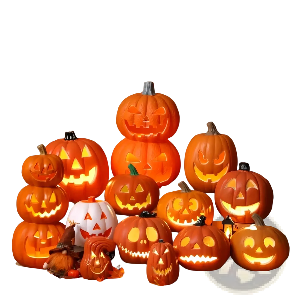 Halloween pumpkin lantern decoration featuring glowing orange and white carved pumpkins on autumn leaves
