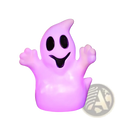 A glowing purple led ghost lamp with black cutouts designed for soft light as a halloween pumpkin lantern decoration