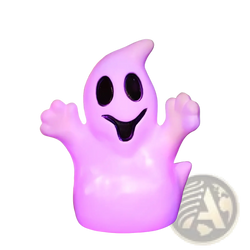 A glowing purple led ghost lamp with black cutouts designed for soft light as a halloween pumpkin lantern decoration