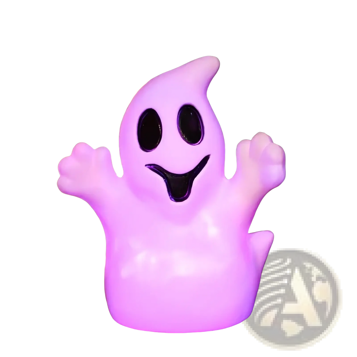 A glowing purple led ghost lamp with black cutouts designed for soft light as a halloween pumpkin lantern decoration