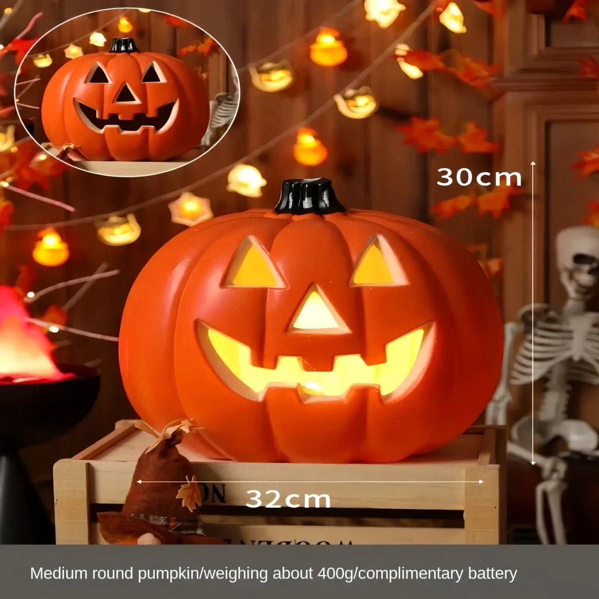 Halloween pumpkin lantern decoration made of orange plastic with black stem and glowing yellow interior light