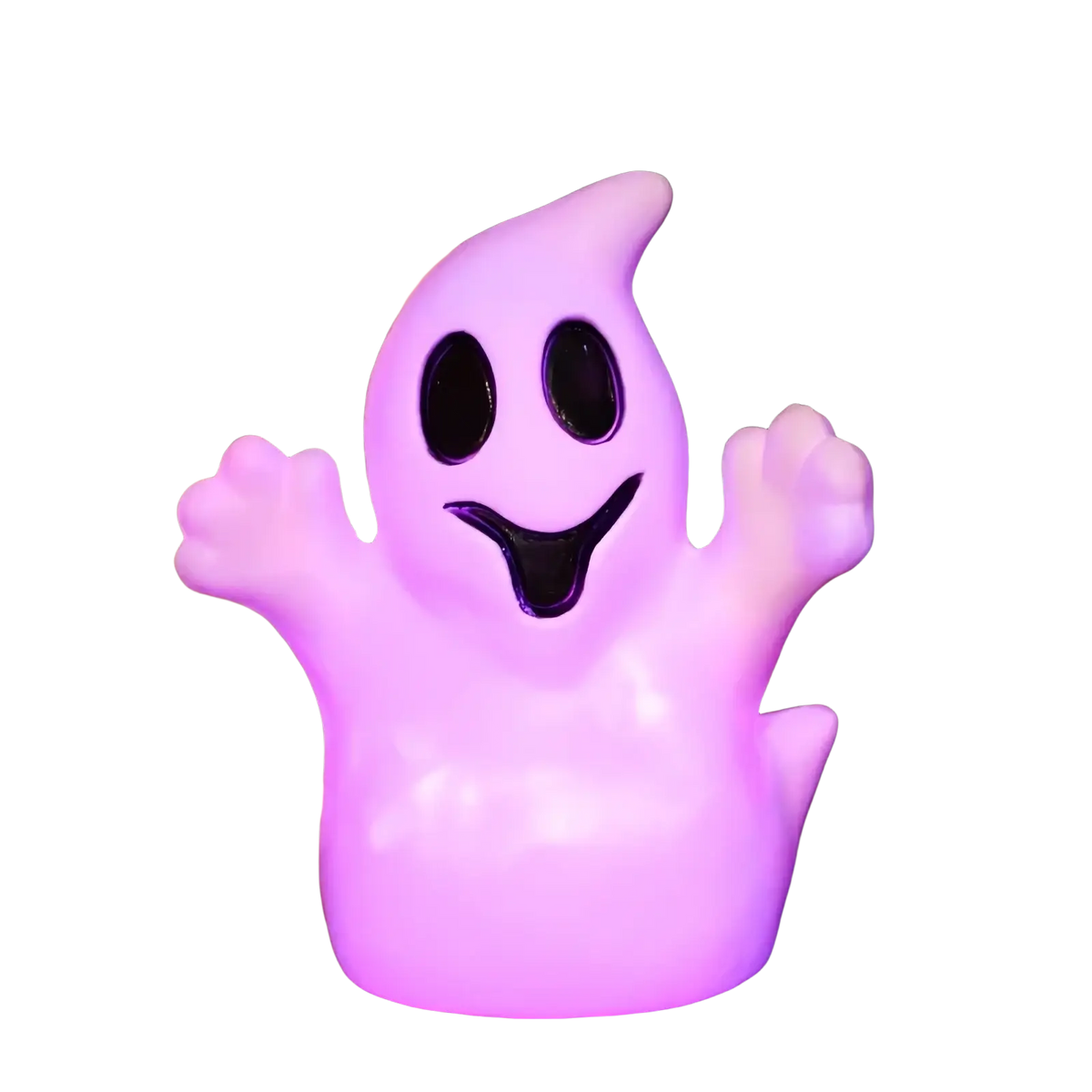 A glowing purple led ghost lamp with black cutouts designed for soft light as a halloween pumpkin lantern decoration