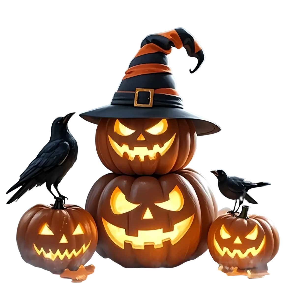 Stacked orange halloween pumpkin lantern decoration with glowing yellow faces topped by a black and orange witch hat