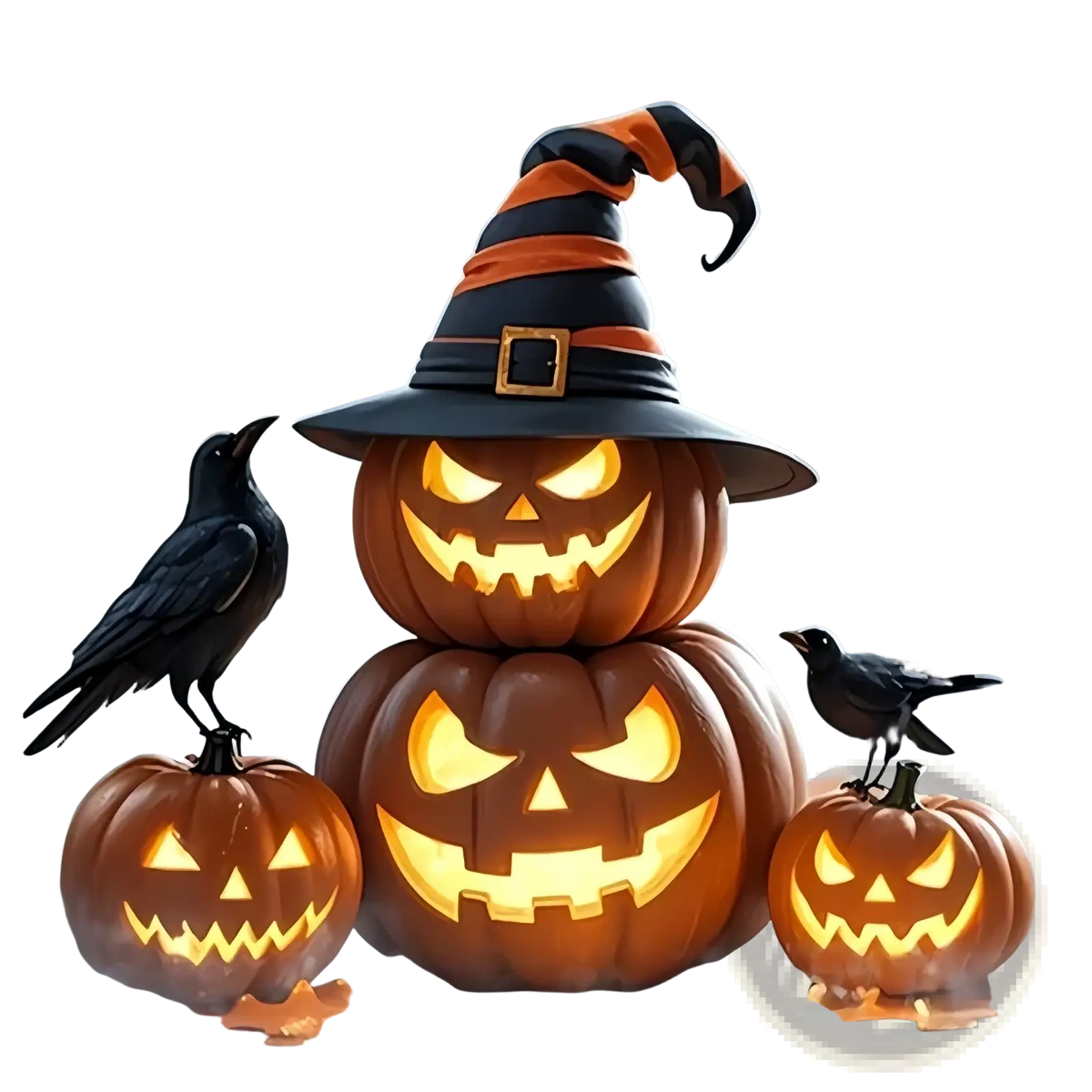 Stacked orange halloween pumpkin lantern decoration with glowing yellow faces topped by a black and orange witch hat
