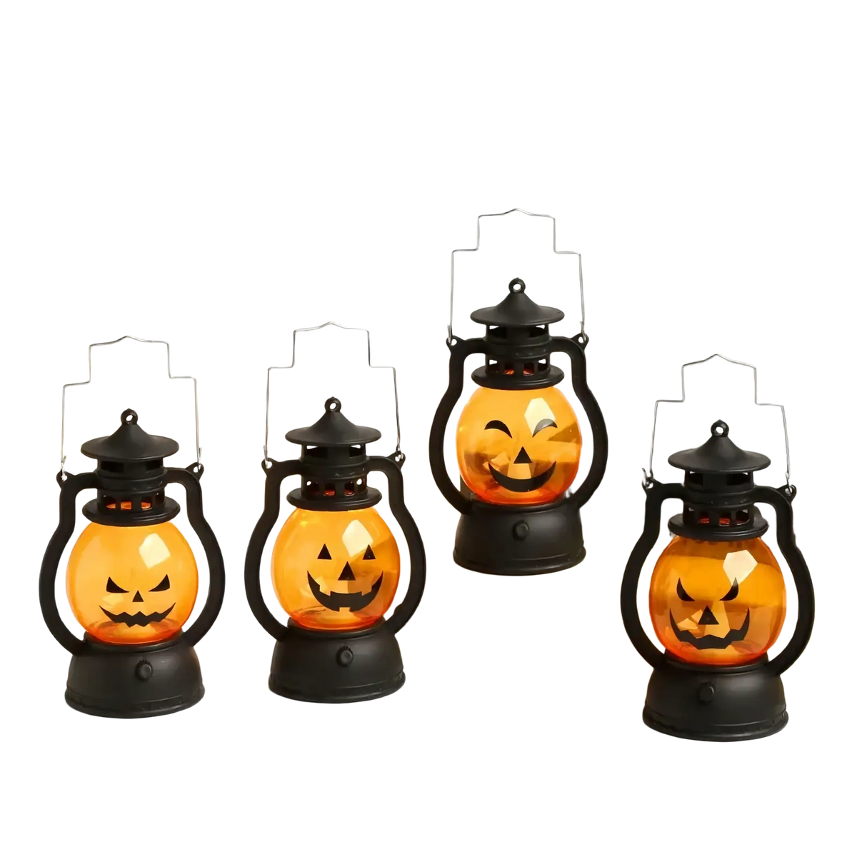 Set of four black metal halloween lanterns with orange glass bodies featuring carved jack-o-lantern faces