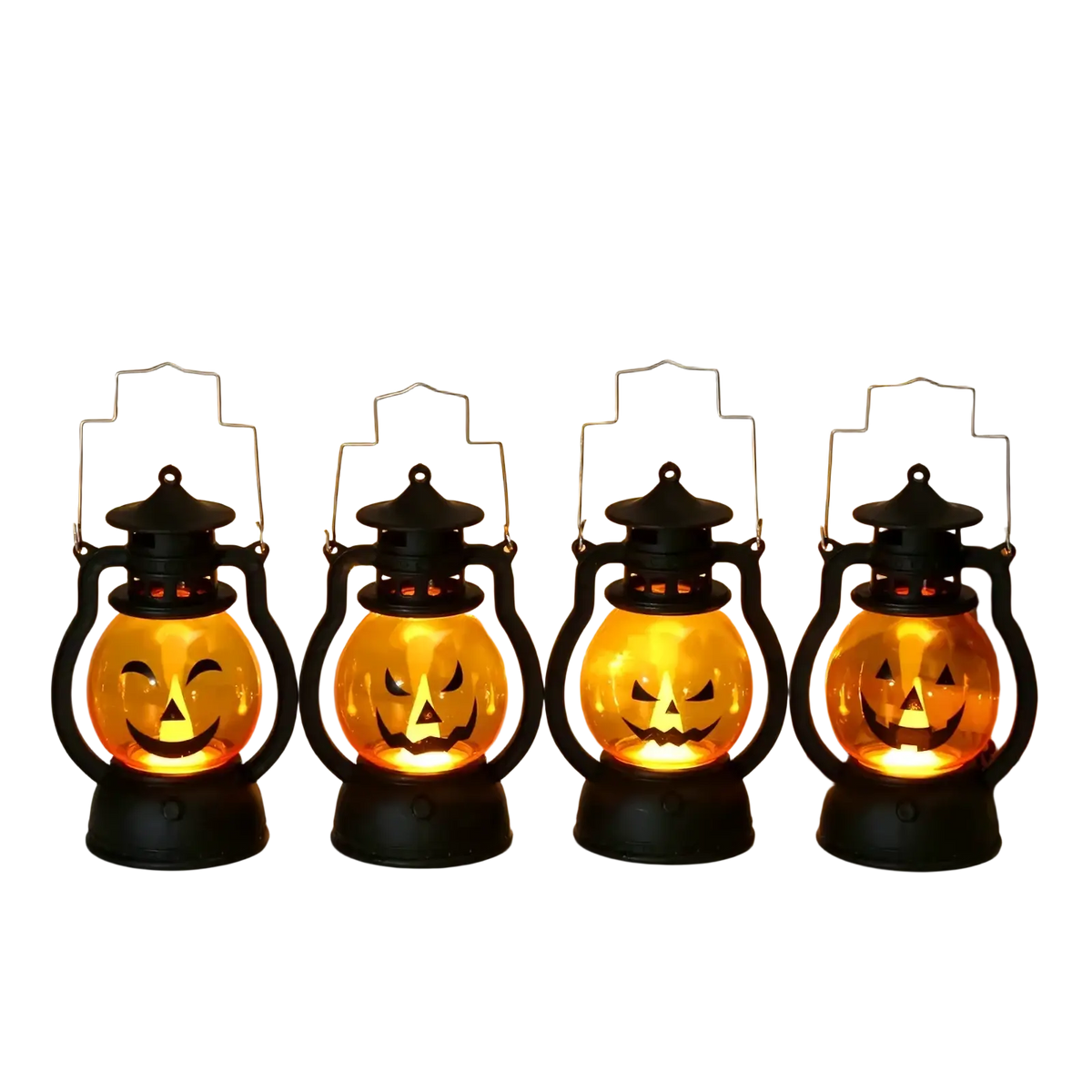 Four black halloween led lanterns with glowing orange pumpkin faces designed for festive decoration